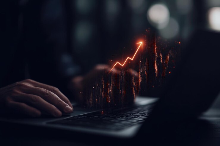 Figura de pie en la computadora portátil con gráfico brillante