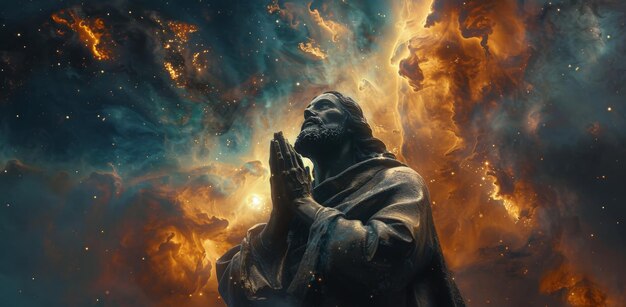 Una figura de piedra orando ante una nebulosa cósmica