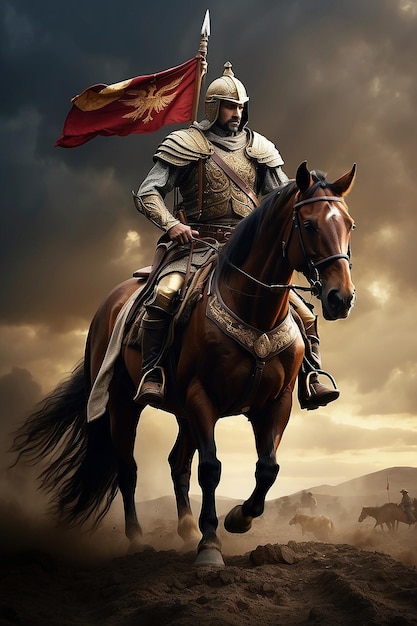 Foto una figura poderosa y noble a caballo liderando un ejército con un sentido de determinación y valor