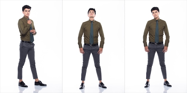 Figura a presión de cuerpo entero, joven hombre de negocios caucásico con traje, camisa verde oscuro, pantalones de corbata y zapatos negros, tiene una caminata segura y feliz sonrisa fuerte, grupo de collage sobre fondo blanco aislado