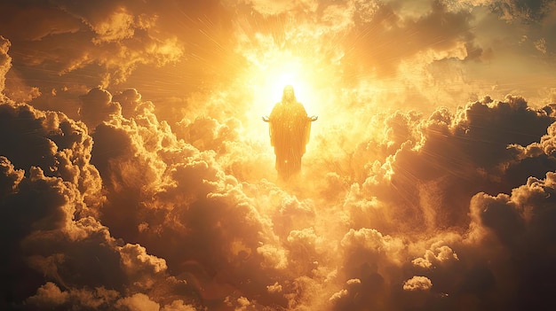 Una figura radiante de Dios de pie entre las nubes iluminando el cielo