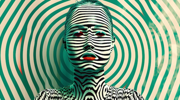 Figura Raver de silueta futurista transformada en ondas sonoras rítmicas con OpArt minimalista