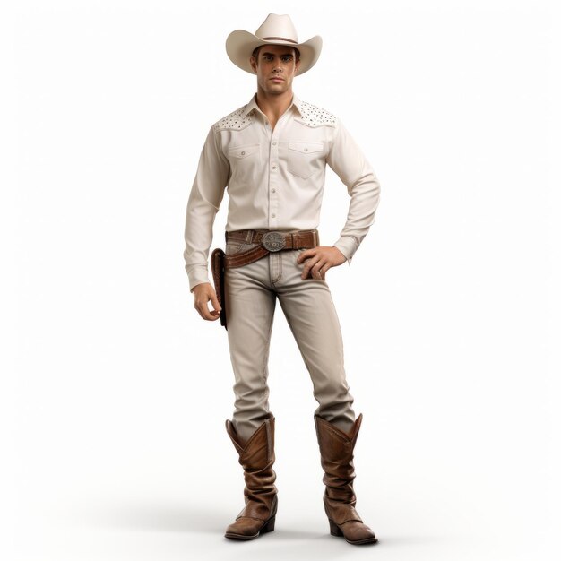 Figura realista de vaquero masculino en 3D sobre un fondo aislado blanco
