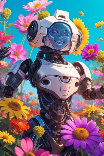 Una figura robótica con una amplia sonrisa radiante rodeada de una vibrante variedad de flores de colores.