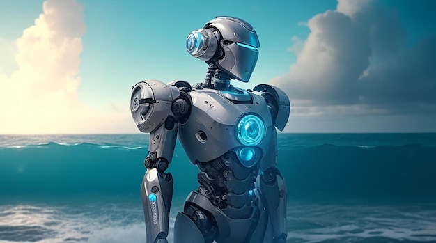 Una figura robótica con una muestra de comprensión rodeada por un mar de compasión.