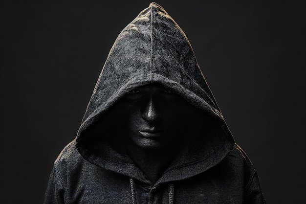 La figura sin rostro en la capucha está aislada en un fondo negro atmósfera oscura y misteriosa no