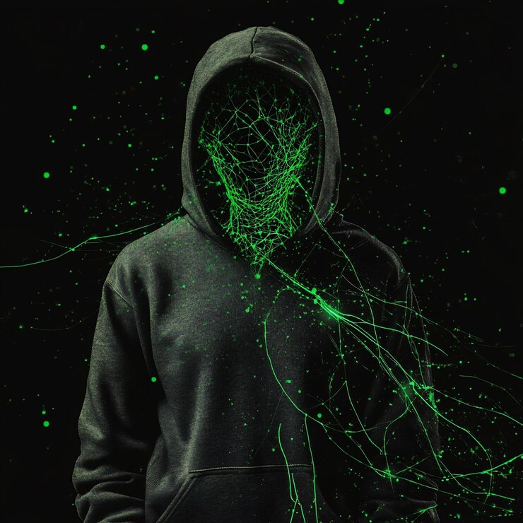 Foto figura sin rostro con neurolink verde en el estilo glitch