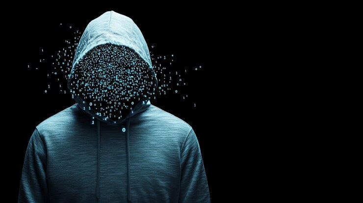 Foto una figura sin rostro con una sudadera con capucha disolviéndose en partículas digitales contra un fondo oscuro