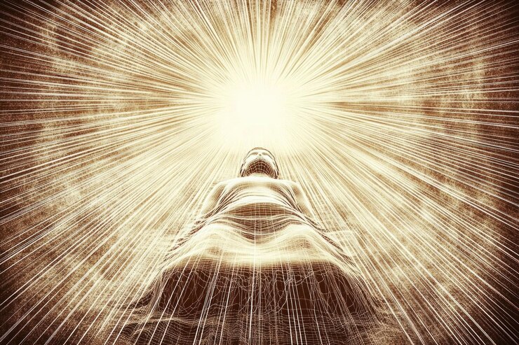 Foto la figura serena de la iluminación radiante se baña en los rayos de luz celestial