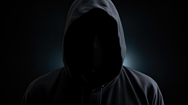 Figura silenciosa en el capó sobre un fondo oscuro rostro oculto que simboliza el secreto del misterio de la criminalidad y el anonimato