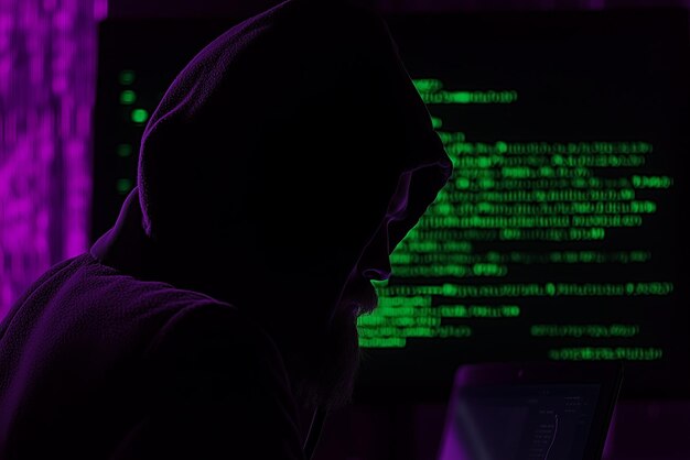 Figura con silueta en una sudadera con capucha mirando una pantalla de computadora con código verde
