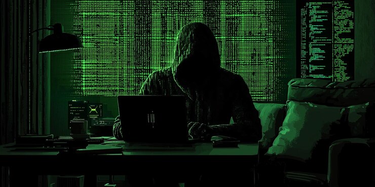 Foto figura con silueta usando una computadora portátil en una habitación débilmente iluminada con un código verde mostrado en la pared