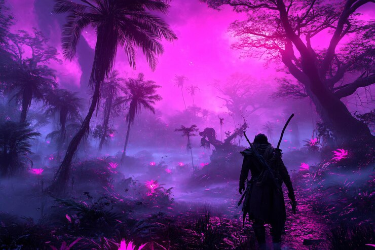 Figura en silueta en una vibrante jungla púrpura