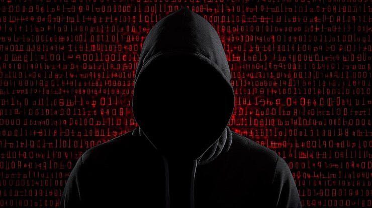 Foto una figura siluetada con una sudadera con capucha contra un telón de fondo de código binario que sugiere anonimato y tecnología