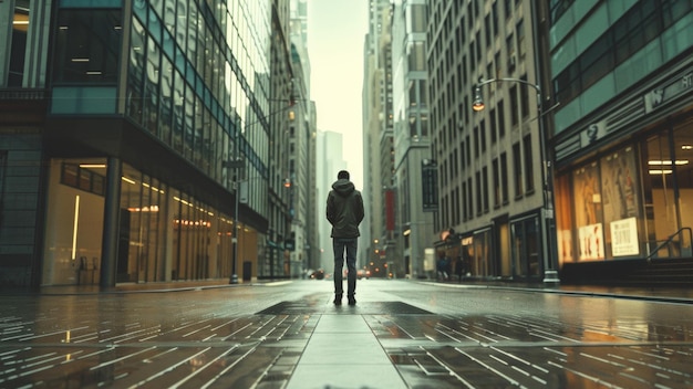 Figura solemne caminando en una calle desierta de la ciudad en un día lluvioso