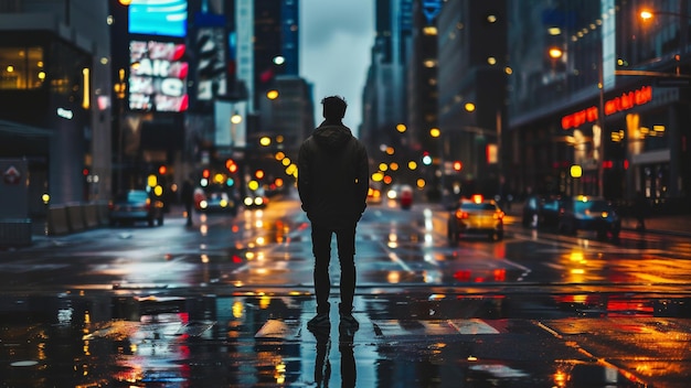 Figura solemne de pie en medio de un vibrante paisaje urbano vidriado con lluvia bajo un cielo crepúsculo