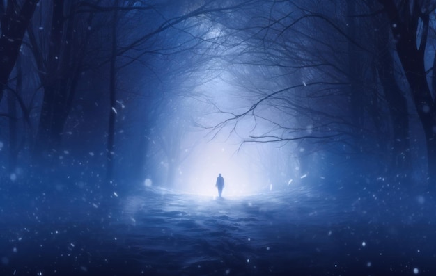 Una figura solitaria camina por un camino sereno cubierto de nieve en el bosque en la noche de invierno