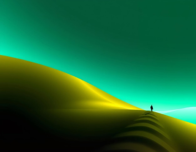 Una figura solitaria camina a lo largo de una colina amarilla contra un cielo verde