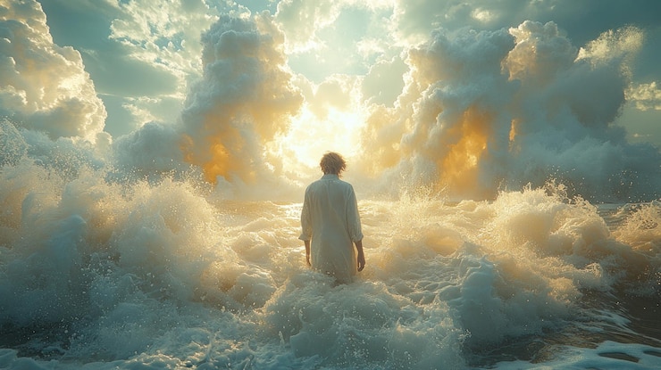 Foto una figura solitaria camina hacia una luz brillante a través de un mar de nubes que simboliza la esperanza y la determinación