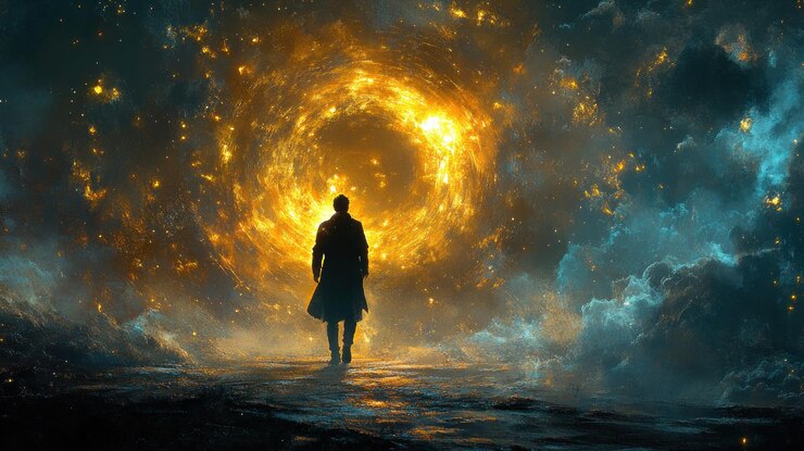 Foto una figura solitaria camina hacia un portal giratorio de fuego y luz en un paisaje celestial