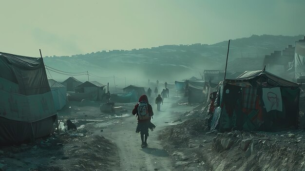 Una figura solitaria camina a través de un campamento de refugiados polvoriento y abarrotado La figura lleva una mochila y está rodeada de tiendas de campaña y refugios improvisados