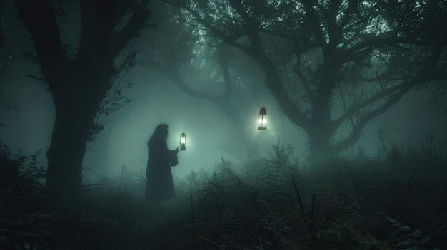 Una figura solitaria caminando por un bosque de niebla sosteniendo una linterna y apareciendo profundamente en contemplación