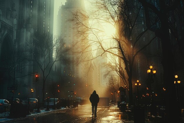 Una figura solitaria caminando por una bulliciosa calle de la ciudad rodeada de altos rascacielos