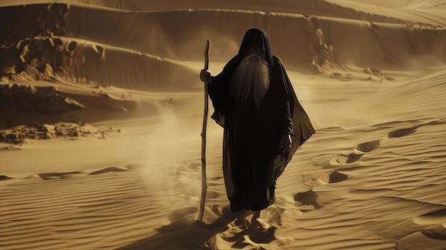 Una figura solitaria caminando por las vastas dunas del desierto al amanecer envuelta en misterio