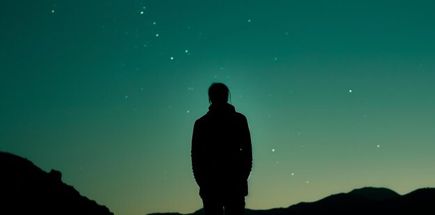 Figura solitaria contemplando el cielo estrellado al crepúsculo en el desierto