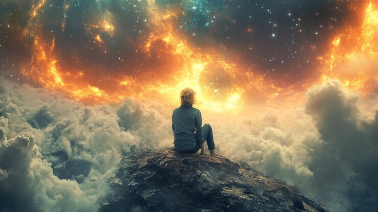 Foto una figura solitaria contemplando una tormenta de fuego cósmica
