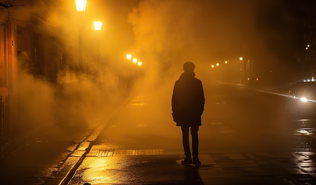 Figura solitária de pé em uma misteriosa rua nebulosa à noite