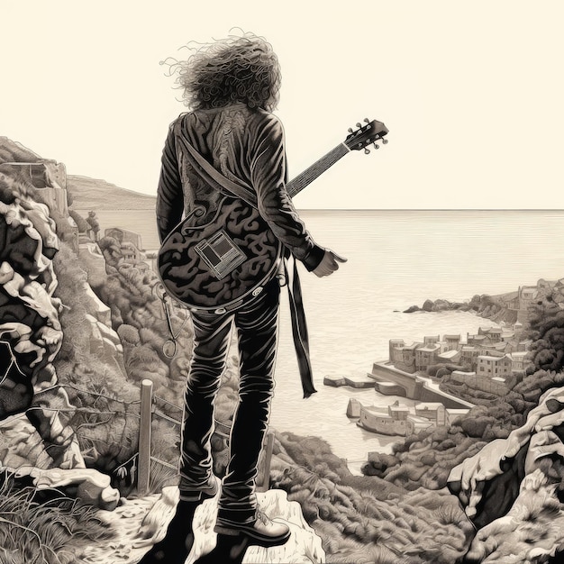 Figura solitária de um homem em um penhasco à beira-mar com guitarra Generative AI