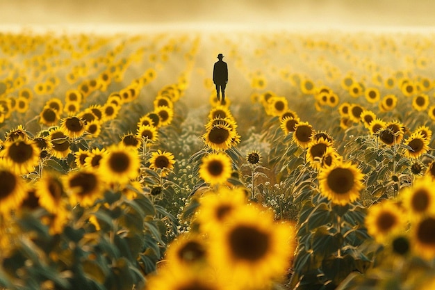 Foto una figura solitaria se encuentra en medio de los girasoles una pequeña ai generativa