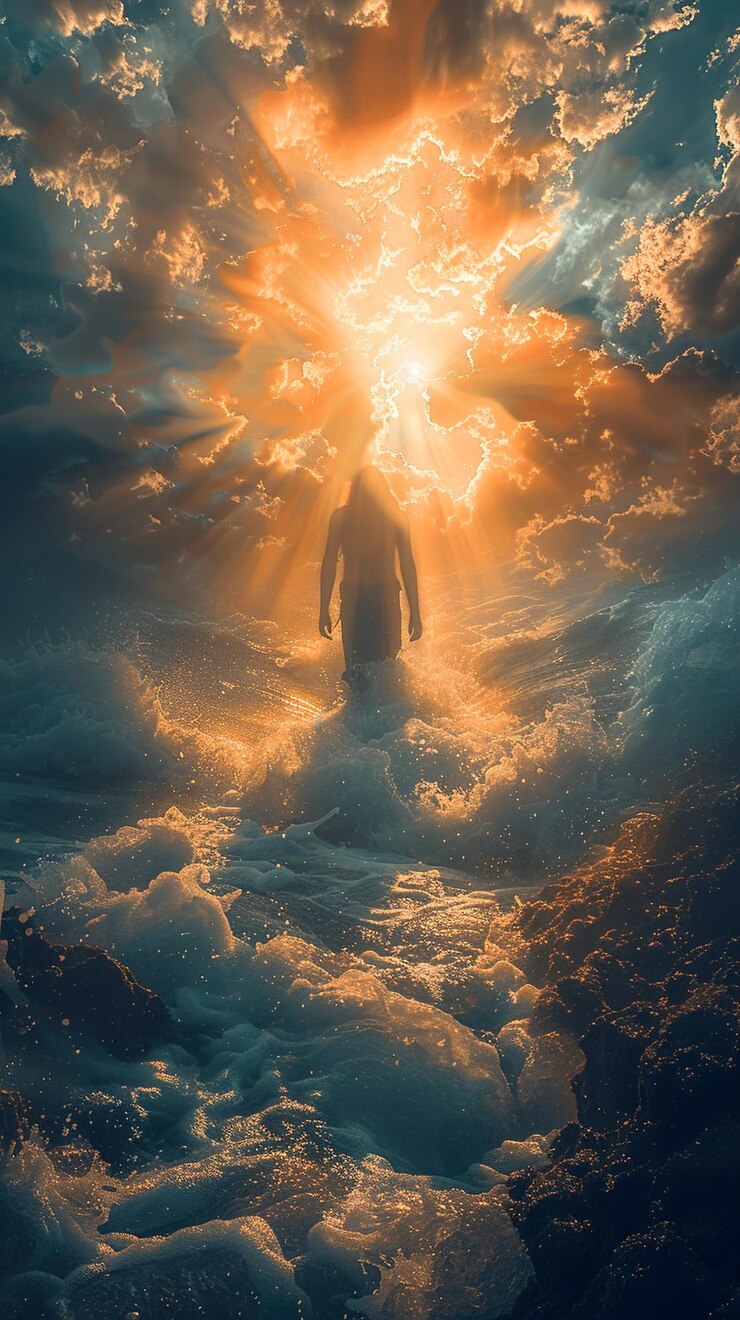 Foto una figura solitaria se encuentra en medio de nubes giratorias bañadas en la luz dorada de un sol poniente. la escena evoca una sensación de misterio, esperanza y despertar espiritual.