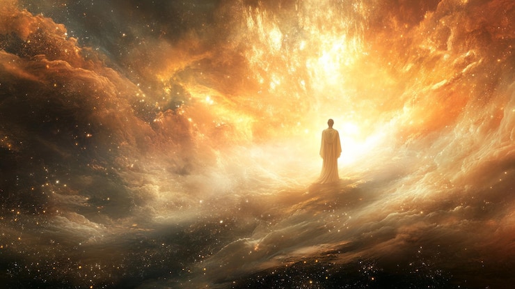 Foto una figura solitaria se encuentra en medio de nubes radiantes y tonos cósmicos que simbolizan un viaje a través del despertar espiritual y la exploración