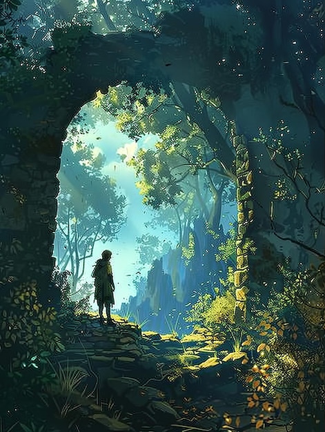 Una figura solitaria se encuentra en las ruinas de un bosque olvidado