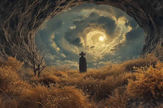 Una figura solitaria está de pie en la entrada de una cueva mirando a un cielo dramático con el sol asomando