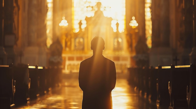 Una figura solitaria está de pie en el pasillo de una iglesia bañada en luz dorada que fluye desde el altar. La imagen evoca una sensación de paz y espiritualidad.