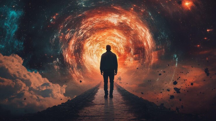 Foto una figura solitaria está de pie ante un vórtice de luz giratorio que simboliza lo desconocido