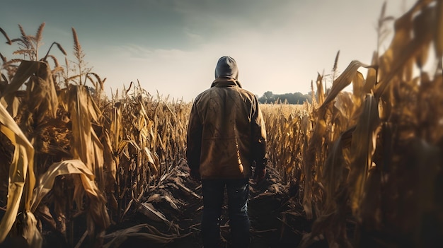 Figura solitaria en medio de trigo dorado de pie en un campo árido poderoso espantapájaros custodiando cultivos granjero de otoño en hierba alta