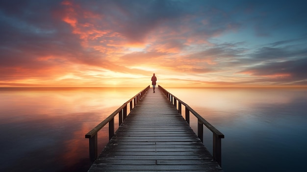 Figura solitaria en un muelle inusualmente largo al atardecer