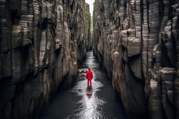 Foto una figura solitaria de pie en el borde de un abismo sin fondo