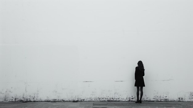 Figura solitaria de pie contra una gran pared blanca en blanco que evoca una sensación de soledad
