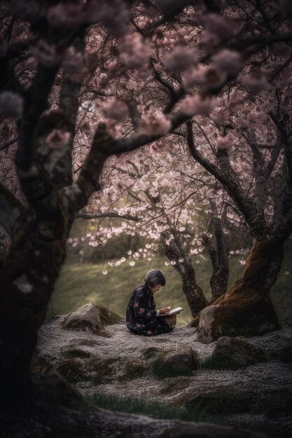 Una figura solitaria sentada bajo un cerezo en flor