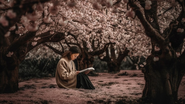 Una figura solitaria sentada bajo un cerezo en flor