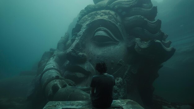 Foto una figura solitaria se sienta en la base de una gran estatua con la espalda hacia la cámara la estatua representa a