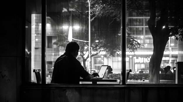 Una figura solitaria se sienta en una mesa en un café iluminada por el brillo de la pantalla de su portátil