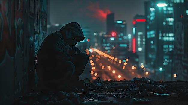 Foto una figura solitaria se sienta en un techo mirando hacia la ciudad la ciudad es un borrón de luces y ruido pero la figura está sola y aislada