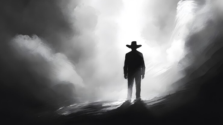 Una figura solitaria con un sombrero de vaquero se encuentra ante una luz brillante que emerge de un abismo de niebla