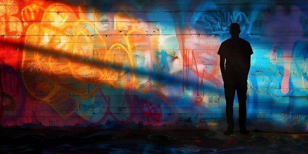 Foto figura sombria contra a parede de graffiti simboliza a decadência urbana e a luta pessoal conceito decadência urbana luta pessoal arte de graffiti figuras sombrias fotografia de rua